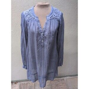 Dolma Top LG 100% Gauzy Linen Shirt Dress Tunic French Blue Coastal Chic